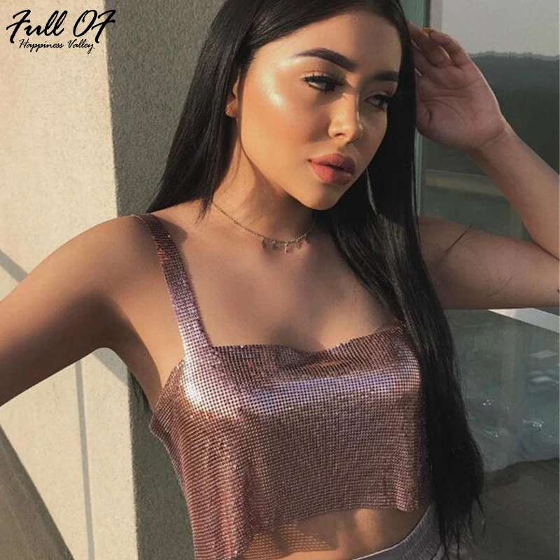 

Aimeeka 2017 Sexy Women Metal Shiny Sequins Tank Camis Bralette Crop Tops Summer Short T Shirt Glitter Beach Tops Club Show Wear