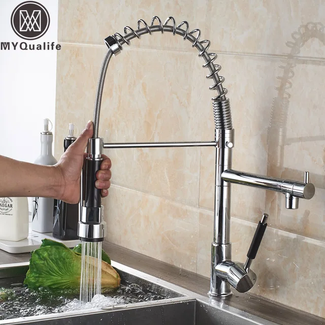 Cheap Spring Pull Down Kitchen Mixer Faucet Deck Mounted Dual Spout Kitchen Sink Crane Taps Chrome Finish Handheld Sprayer Shower Head