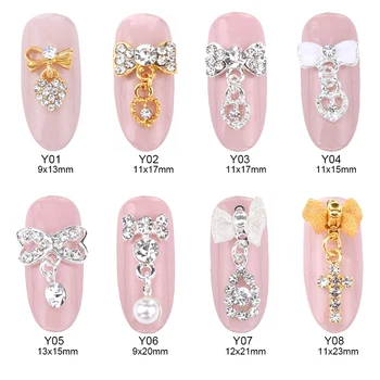 

10pcs gold/silver metal glitter 3d nail art bow tie dangle chain heart hot fix nail charms decoration accessories supplies Y01