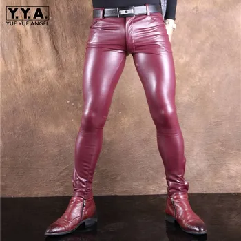 

New Men Sexy Slim Fit Skinny Pencil Pants Stretchy Long Pu Leather Pants Streetwear Pantalones Hombre Punk Stage Trousers