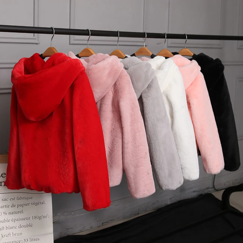 

Autumn winter new female fur coat Korean version of imitation rabbit fur grass with a hat loose thickened short mink plush