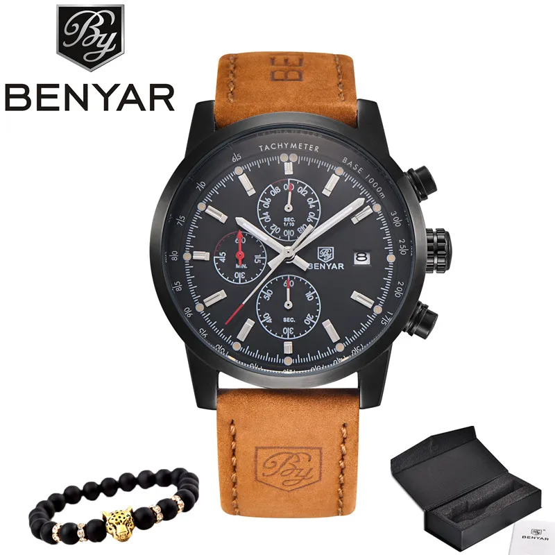 BENYAR спортивные мужские часы лучший бренд класса люкс мужские кожаные водонепроницаемые кварцевые наручные часы с хронографом мужские военные часы - Цвет: All Black and box