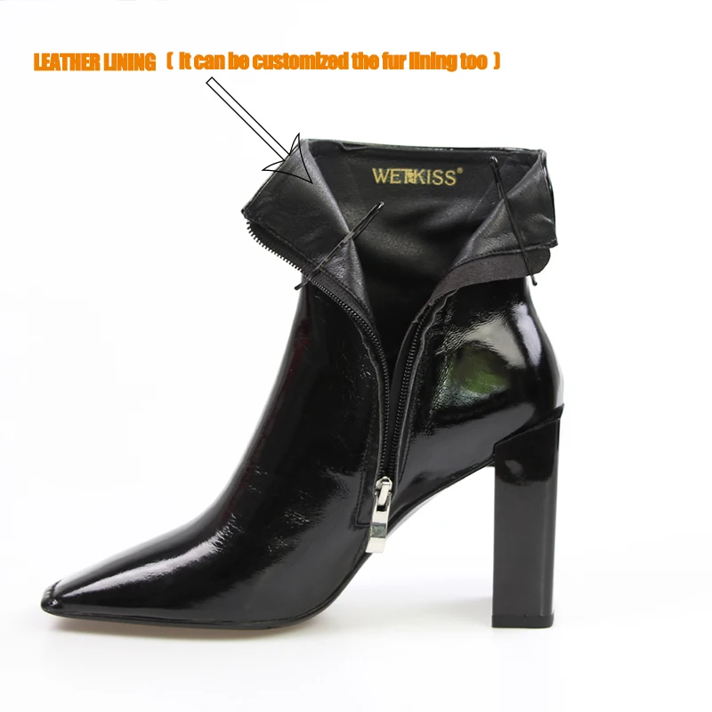 WETKISS/ботильоны из натуральной кожи женские лакированные ботинки на молнии с квадратным носком осенние зимние ботинки на толстом высоком каблуке Женская обувь