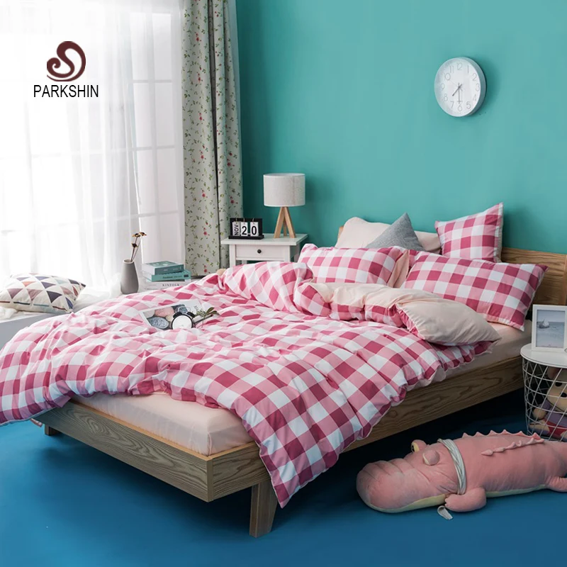 

ParkShin Pink Grid Bedding Set Bedspread Girl Adult Bed Linen Nordic Duvet Cover Set Double Queen King Size Decor Home Textiles