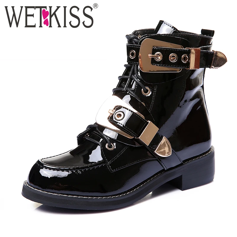 

WETKISS Genuine Leather Patent Buckle Strap Women Boots Cool Motorcycle Shoes Woman Lace Square Heels Winter Boots Street Black