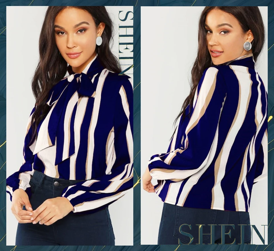 SHEIN Полосатая Блузка С Бантом Элегантная Офисная Блузка В Полоску С Длинным Рукавом