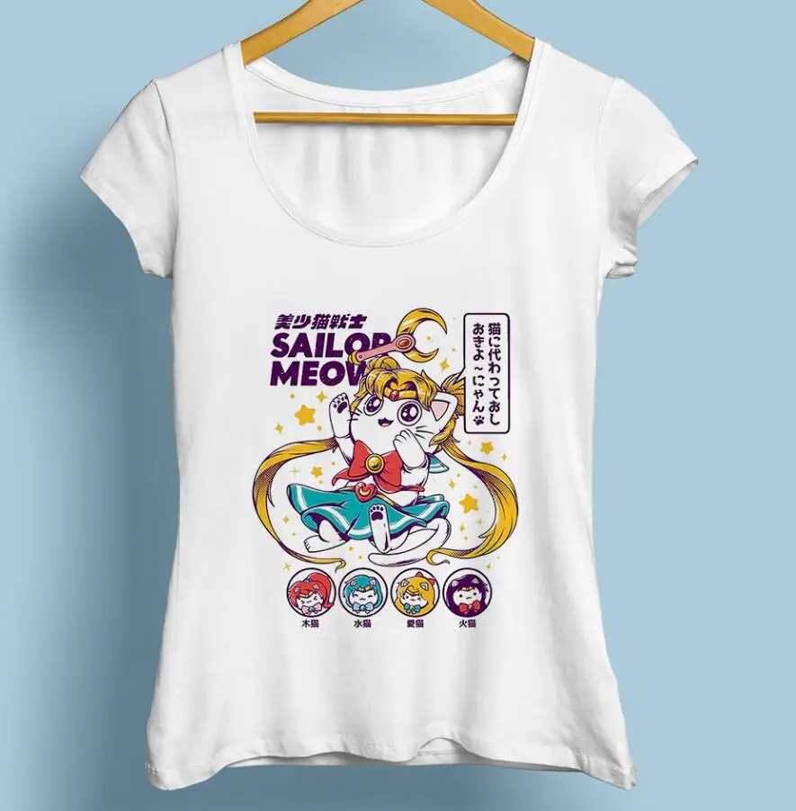 Милая забавная футболка с моряком Мяу, лунным котом, женская футболка, лето, новинка, белая, кавайная, мягкая, удобная, Harajuku, аниме, женская футболка - Цвет: 523 nv