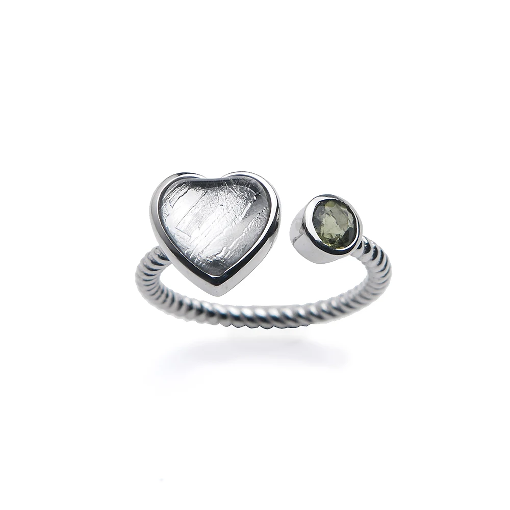 

100% Natural Gibeon Iron Meteorite Women Men Adjustable Heart Ring 10mm Silver Moldvite Round Jewelry Ring AAAA