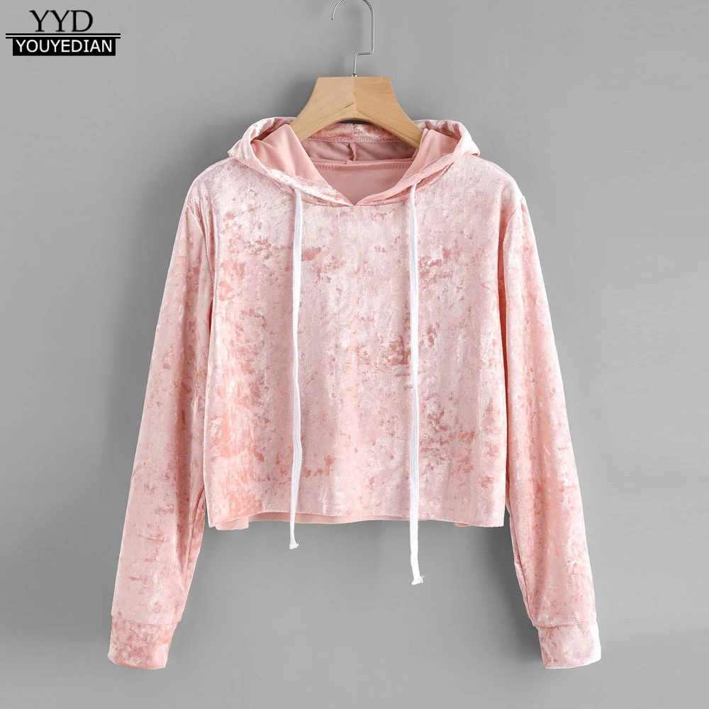 Pink Velvet Hoodies Women Hood 2017 Autumn Sweatshirt Women Long Sleeve Cropped Hoodie
