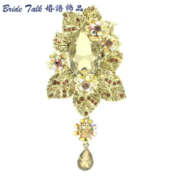

3.5" Dangle Drop Flower Pendant Brooch Pins for Women Fashion Jewelry Brown Crystals Rhinestone Wholesale 6176