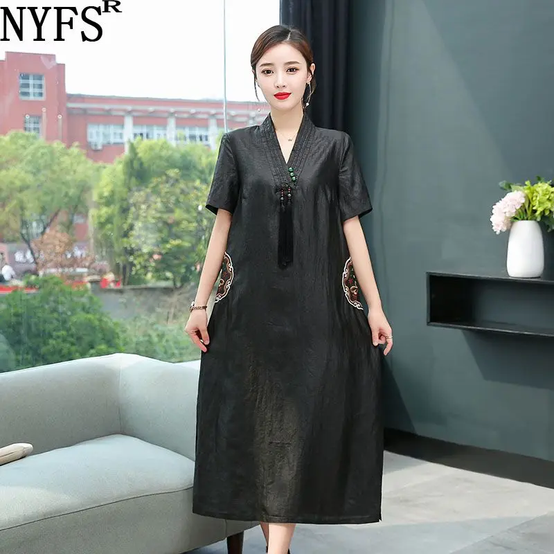 

NYFS Summer dress 2019 New National style silk long Dress Loose Vintage large Size Women dress Vestidos Robe Elbise S-4XL Size