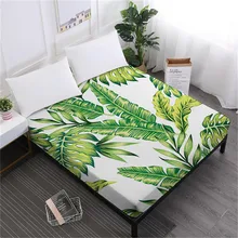 Tropical Green Leaves Sheet Plant Flowers Printed Fitted Sheet King Queen Deep Pocket Bedding Elastic Band Home Decor