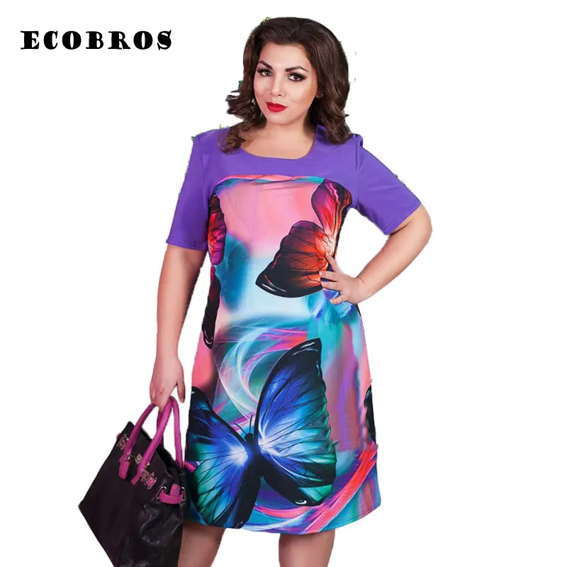 

ECOBROS Big size 6XL 2019 Fat MM Woman Summer Dress Loose butterfly printing knee dresses plus size women clothing 6xl dress