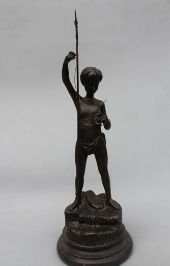 

007003 18"Western Art sculpture Bronze Marble Boy spear stick in Fish Carp Statue