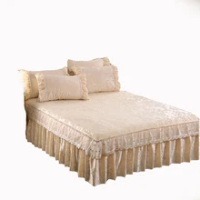 1 stück samt stoff geprägte muster spitze rüschen bett rock + 2 delicated kissenbezüge fleece stoff königin/könig größe für bett