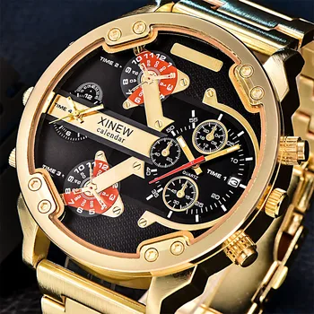 

XINEW Oversized Watches Men Dual Time Luxury Big Face Quartz Watch Brand Original Wrist Clock Relogio Masculino Ouro Luxo Marca