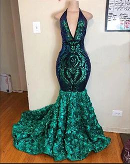 Новое поступление африканская темнокожая девушка платье для выпускного вечера длинное сексуальный топ с блестками Глубокий v-образный вырез открытая спина 3D Цветы зеленый русалка платье для выпускного вечера es - Цвет: Same as pic