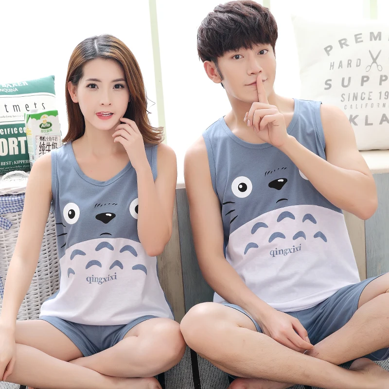 

Hot Sale Couple Pajamas Set Summer Men And Women Sleeveless Pyjamas Vest Lovers Sleepwear Plus Size 4XL Nightwear Home Clothing
