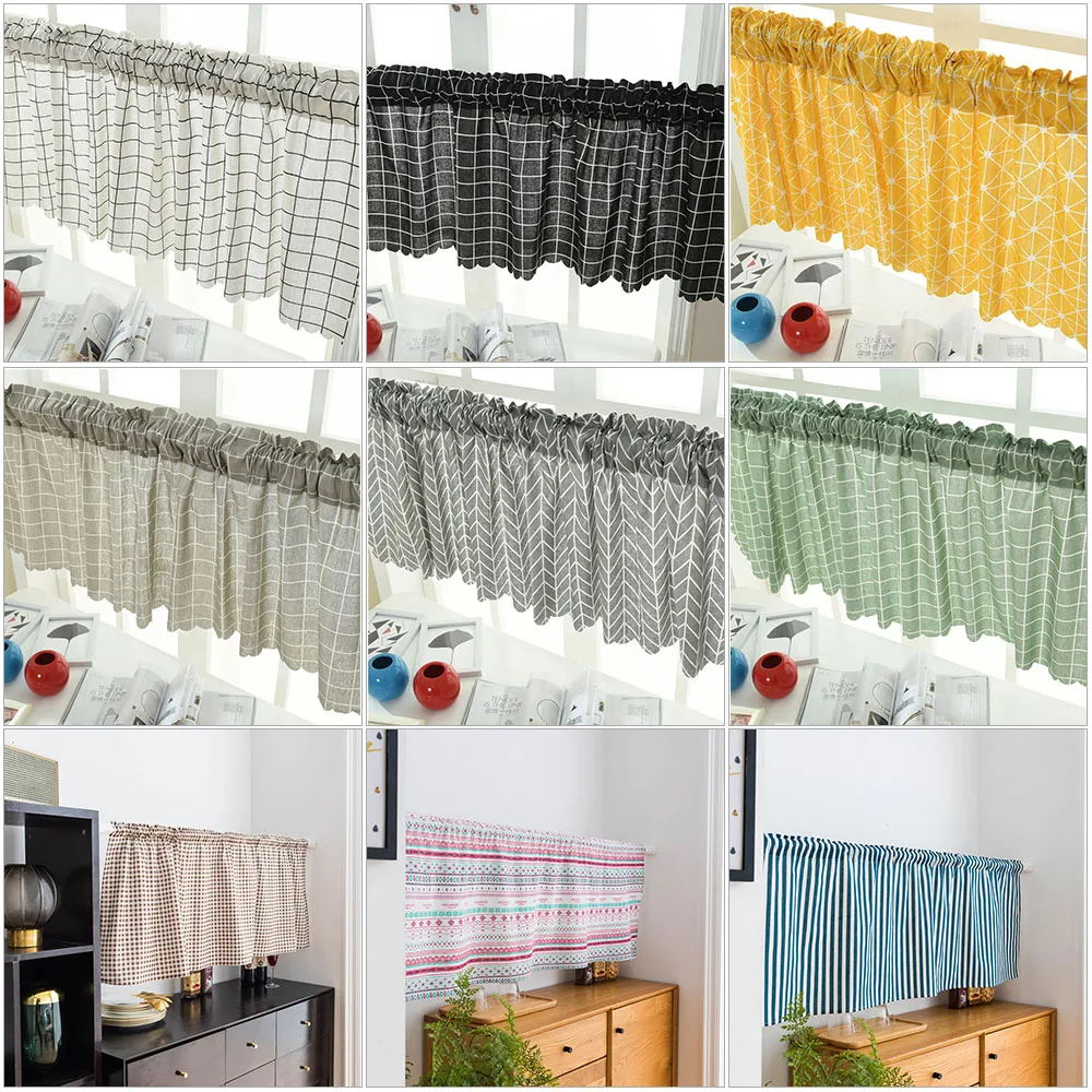 

Valance Grid Stripe Style Blackout Window Curtain Valances Short Semi-Sheer Curtains Rod Pocket Window Drapes for Kitchen