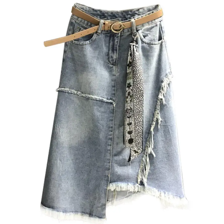 

Plus size 5XL!2019 summer new irregular denim skirt women tassel high waist a-line jeans skirt package hip