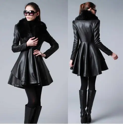 

S-6XL Autumn Winter New Women Medium-Long PU Clothing Scrub Water Washed Leather Coat Large Fur Collar Slim Leather Outerwear