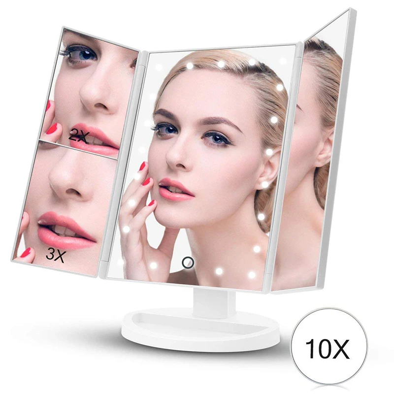 DONWEI 22 светодиодный сенсорный экран зеркало для макияжа 1X 2X 3X 10X увеличительное зеркало 4 в 1 трехслойное настольное зеркало для макияжа