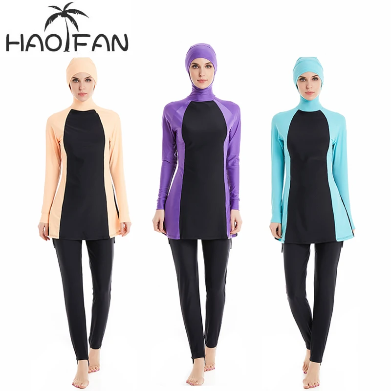 

HAOFAN 2019 Printed Floral Modest Muslim Swimwear Islamic Swimsuits Women Girls Plus Size Full Cover Burkinis Sport Clothing 4XL