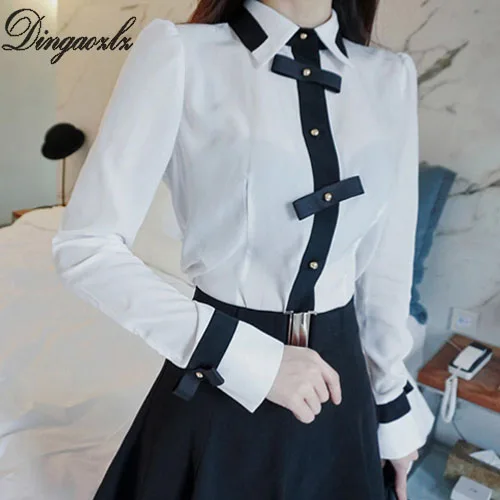 

Dingaozlz 2018 New spring female long sleeved White shirt Retro feminine occupation Tops Bow Women Chiffon blouse