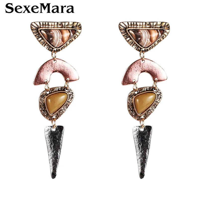 

SexeMara New Natural Resin Hyperbole Gepmetric Retro Drop Earrings For Women BOHEMIA Pink Allloy Big SizeTemperament Earrings
