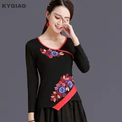Kyqiao Для женщин пуловер Большие размеры Для женщин одежда на осень-зиму Мексика дизайнер красный черный футболка с вышивкой топ