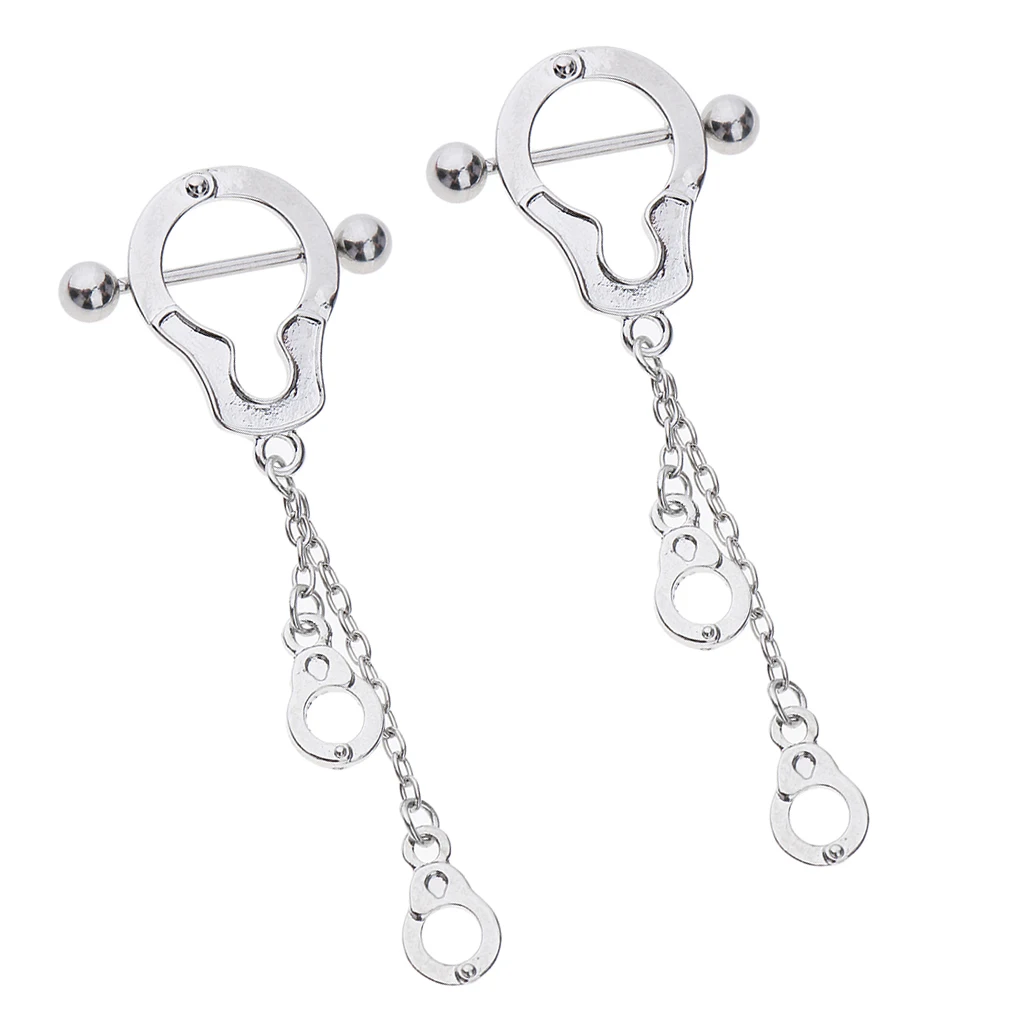 Pair of Stainless Steel Nipple Ring Shield Handcuffs Barbell Body Piercing Jewelry