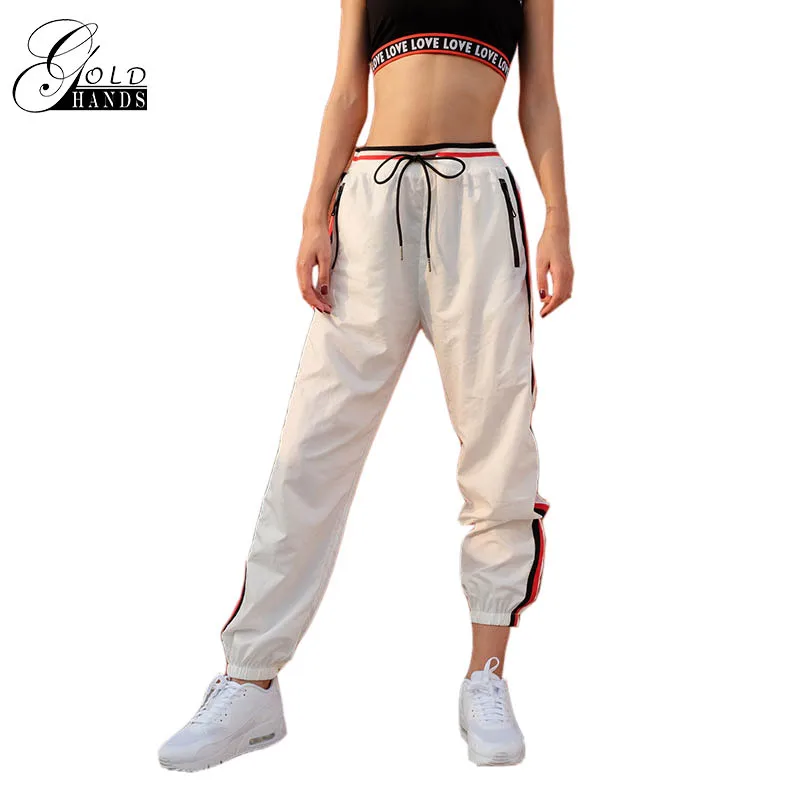 

Gold Hands Female Sweat Track Pants Women Waist tie Stripes Loose Fitness Harem Pants Sweatpants Track Pants Cuff Gogger Pants
