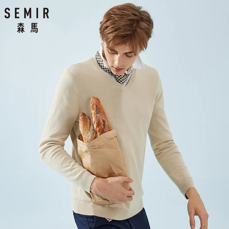 SEMIR мужской свитер с v-образным вырезом из мягкого хлопка, мужской свитер тонкой вязки в цветной рубчик на воротнике, манжетах и подоле, модная весенняя одежда