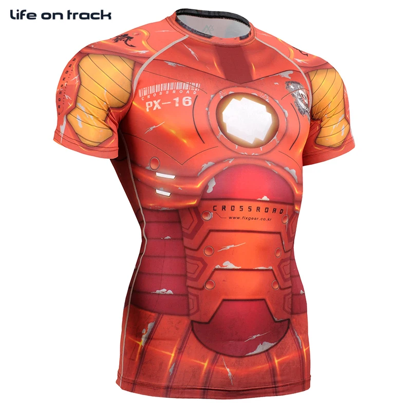 

Men Compression Shirts Cycling Base Layer Skins Tights Size S-4XL Red Print Robot For Man Short Sleeve Summer Cycling Clothes