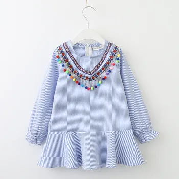 

2019 New Girl's Long Sleeve Dress Kids Color Ball Striped Dresses Wholesale Children's Clothing 3-7 Years