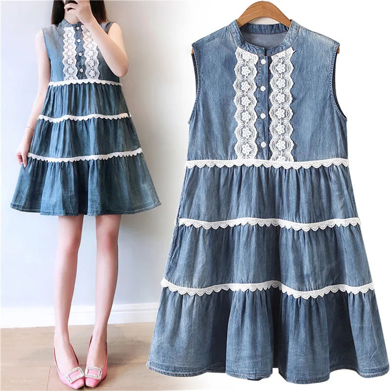 

Women Summer Dress Plus Size Korean Lace Hem Patchwork Empire Kawaii Ruffle Babydoll Dresses Ladies Thin Denim Jeans Sundress
