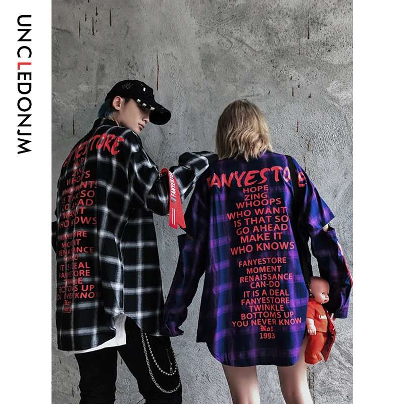 

UNCLEDONJM Removable Sleeve Plaid Shirts 2019 Autumn Male Shirt Hip Hop Streetwear Designer Lattice Casual Shirt 527W