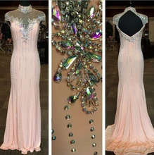 Kristall Abendkleid High Neck 2015 Flügelärmeln Backless Strass und Perlen Abend Party Kleid Elbise schnelles Verschiffen