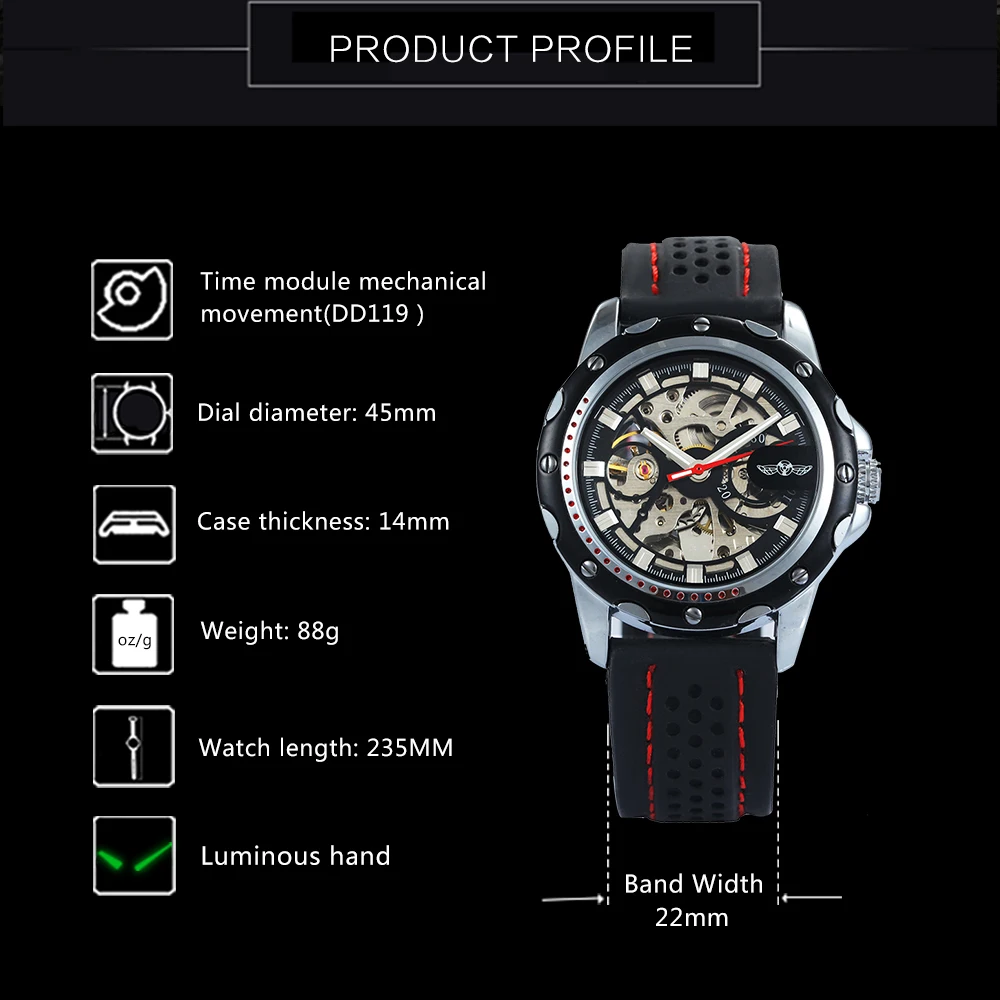 2019 جديد أزياء الرجال التلقائي ساعات آلية رفاهية العلامة التجارية الهيكل العظمي مضيئة الأيدي ساعة بحزام مطّاطي الرياضة الرجال ساعة اليد
