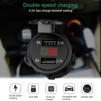 12V-24V Dual USB Ports Motorcycle Cigarette Lighter Socket Charger with LED Digital Voltmeter Meter Monitor Car Charger