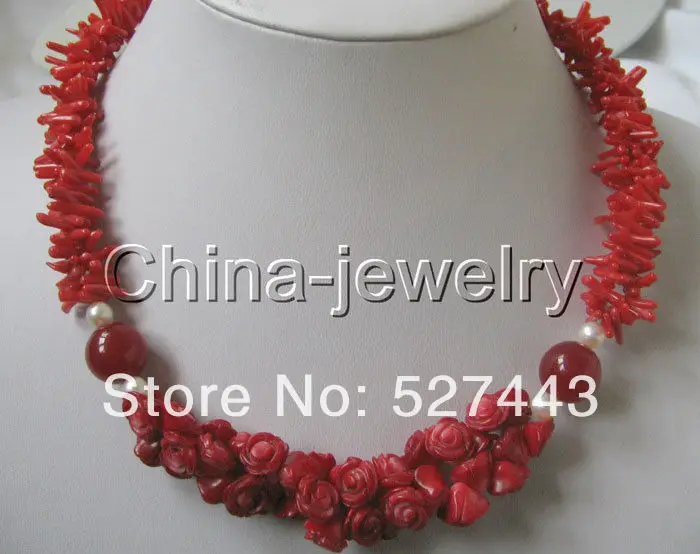 

Wholesale Beautiful 18" 2row red carved coral & FW pearl & red jade necklace