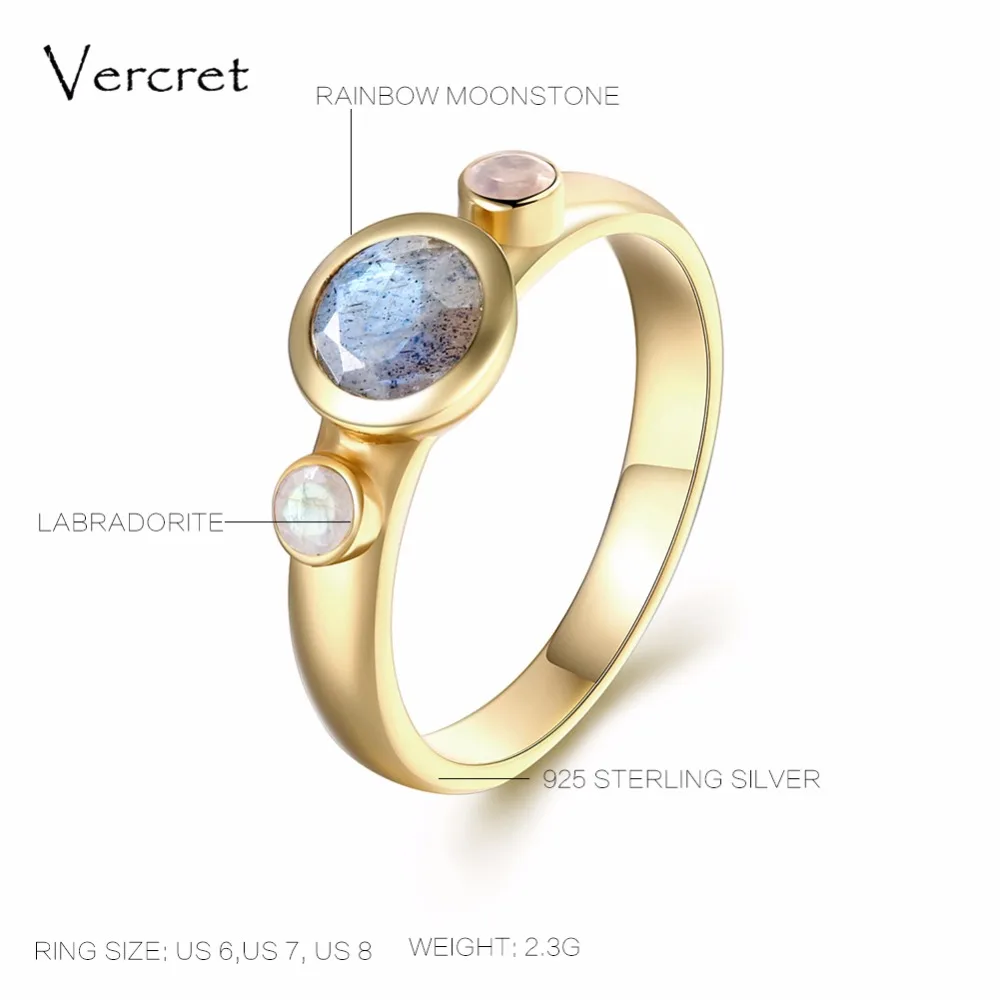 Vercret fine jewelry 925 Серебряное кольцо 18 К золото натуральный камень Радуга Лунный камень Лабрадорит кольца для женщин подарок Вечерние