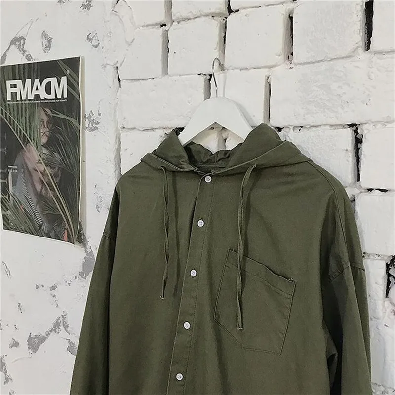 Новая модная мужская повседневная армейская зеленая рубашка, мужская Свободная рубашка с капюшоном, мужской длинный рукав, негабаритный Тренч, Ds50271