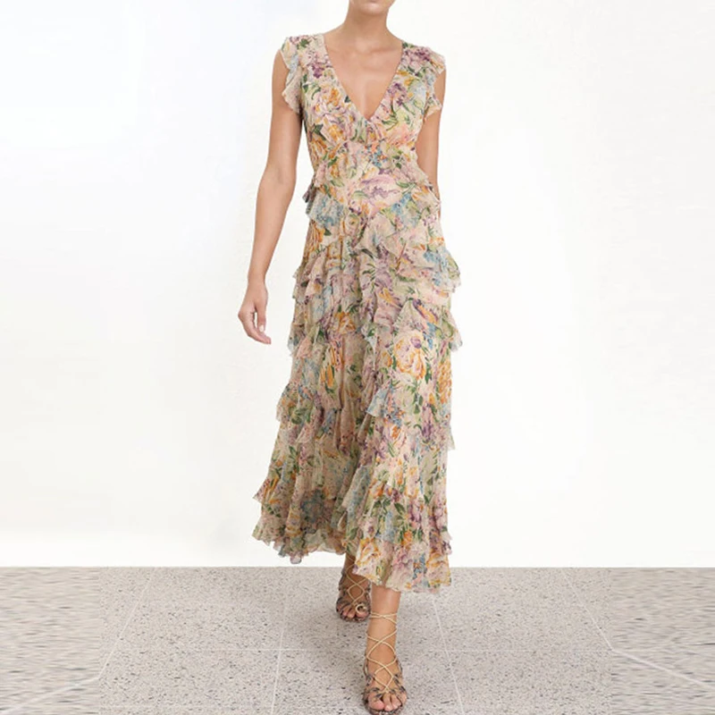 

Luxury Brand Runway Designer High Quality Sashes Deep V-neck Sexy Elegant Woman Dress Holiday Party Female Maxi Dress Vestido