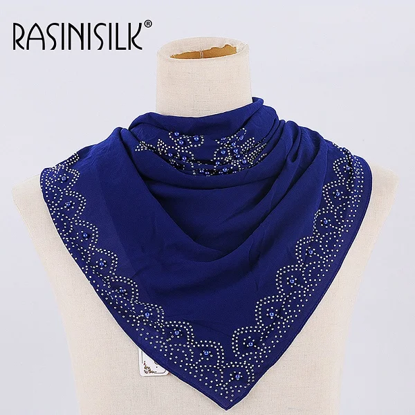 90*90 см, высококачественный шифоновый хиджаб, роскошные стразы, жемчужный мусульманский квадратный шарф с жемчугом, Женская шаль, накидка, обычный платок, 1 шт - Цвет: C3 loyal blue