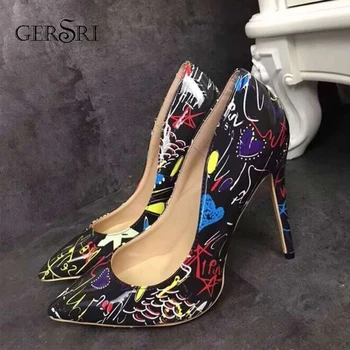 

Gersri New Fashion High Heels Women Pumps 11.5cm Thin Heel Stilettos Leather Graffiti Sexy Prom Wedding Shoes Big Size 35-42