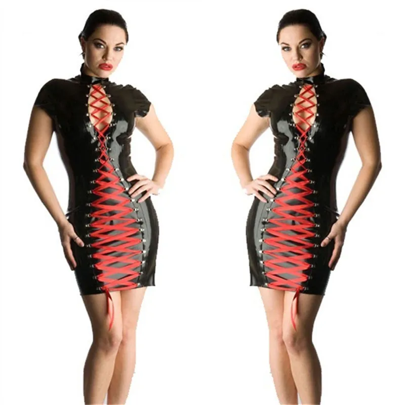

Gothic Party Dress Women Red Bandage Laced Up Latex Catsuit Sexy Stretch Leather Dress PVC Black Catsuits Bodysuit