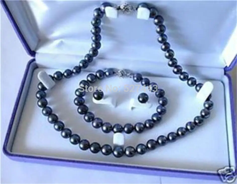 

Wholesale 7-8mm Black Akoya Cultured Pearl Necklace Bracelet Earring Set (A0516)