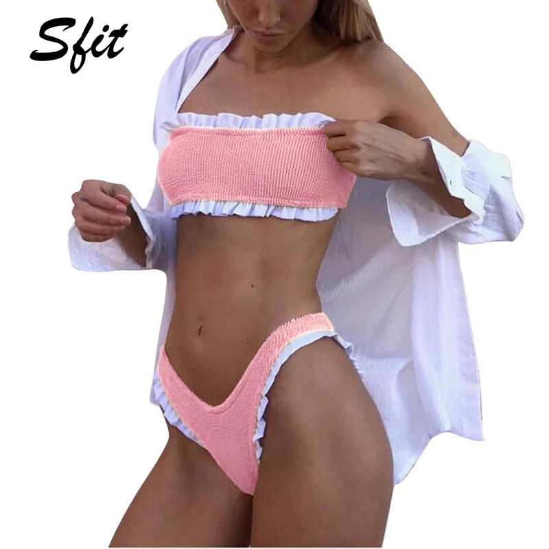 

Sift 2019 Summer Ruffled swimwear pit bikini Tube top Swimsuit Solid Color Swmwear Sexy Low Waist Bathing Suit Beach