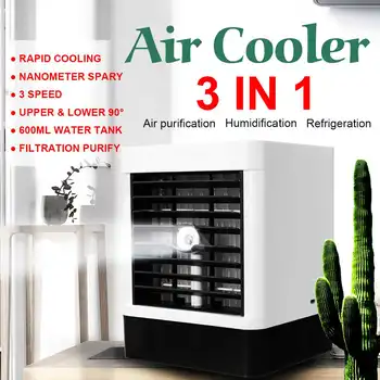 

Portable Air Cooler 3 In 1 Mini Air Conditioner Cooling Fan Purifier Humidifier Refrigeration 600ML Water Tank USB Charging